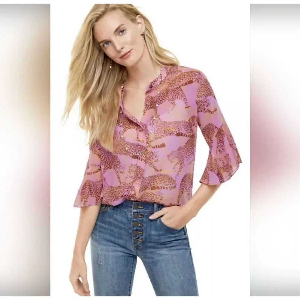 CAbi linx semi sheer bell sleeve cheetah lightweight blouse